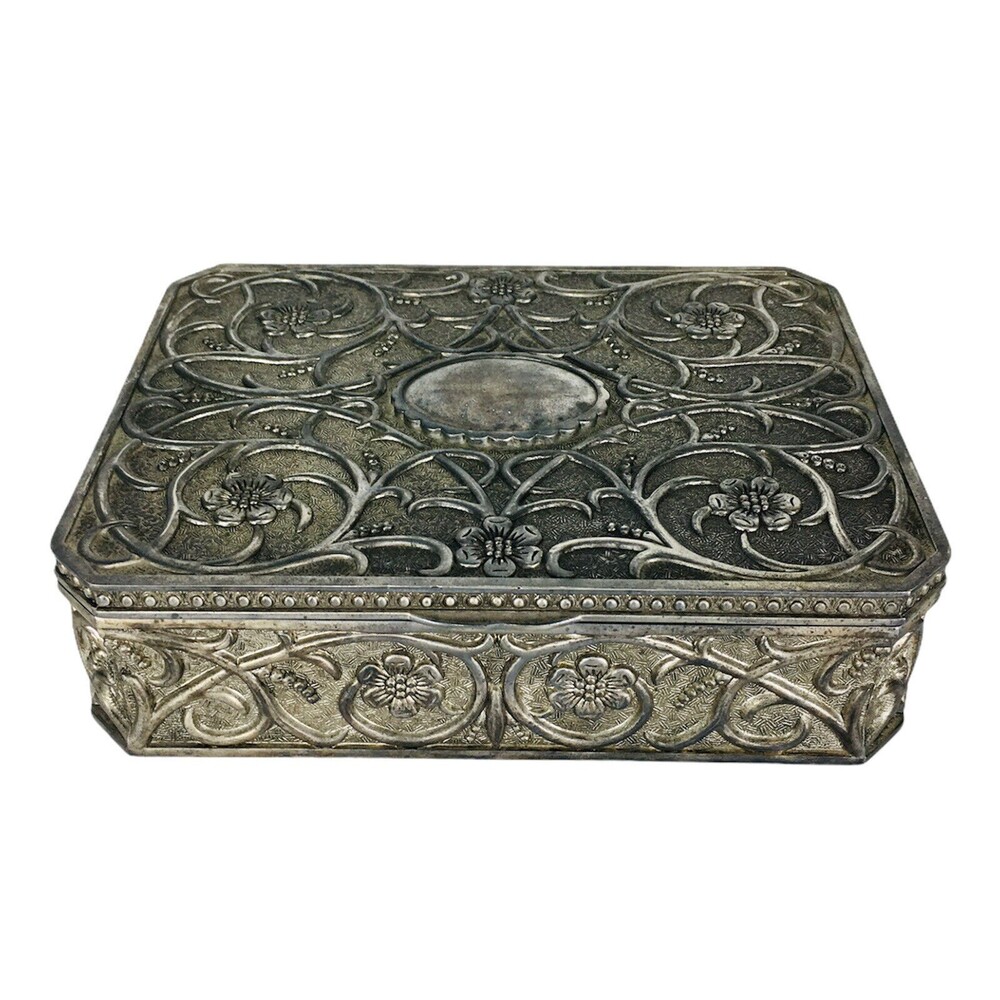 Vintage 70s Godinger Silver Plated Red Velvet Lined Jewelry Trinket Box 9" X 7"